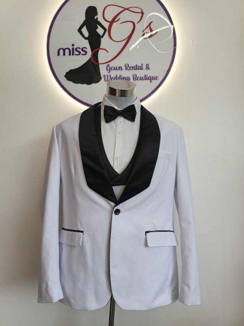 Plus Size White Shawl Neck With Pants & Vest Suit Set