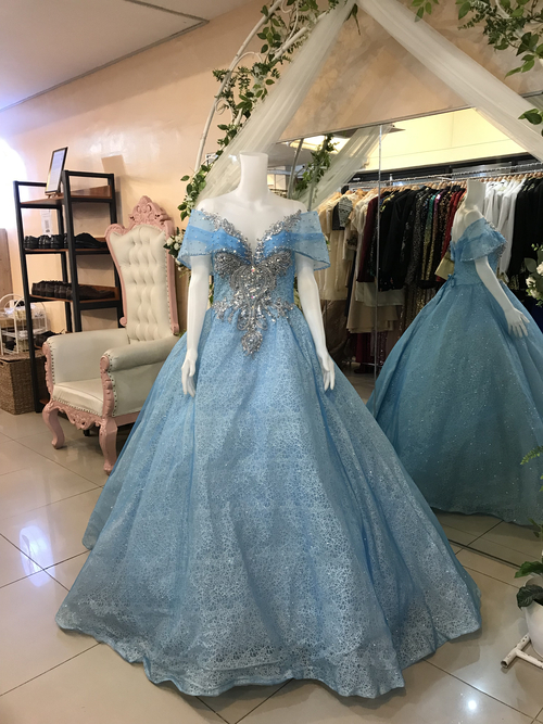 Bably Blue Offshoulder Rhinestones Ball Gown
