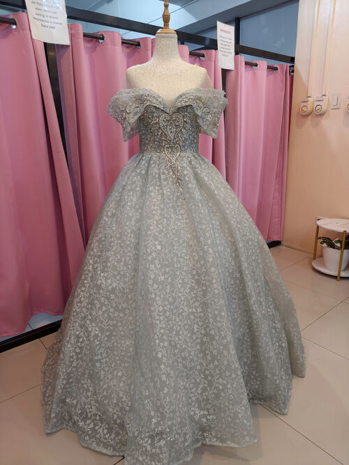 Blue green off shoulder corset Ball gown