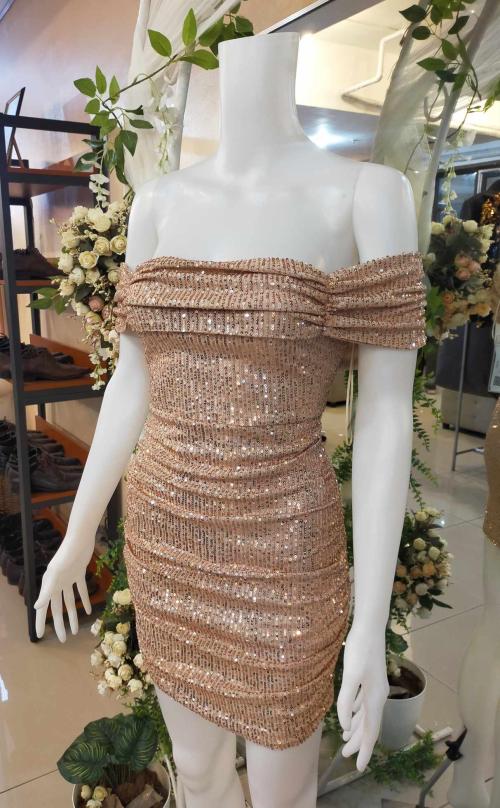 Rosegold Offshoulder Sequins Bodycon Cocktail Dress