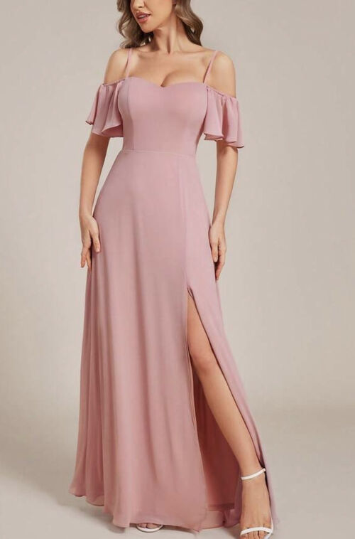 Old Rose Offshoulder Spag Chiffon Slit Bridesmaid Gown