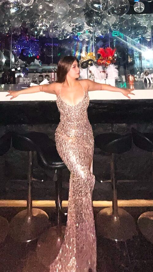 Rose Gold Full Sequins Glittery Spag Slit Long Gown
