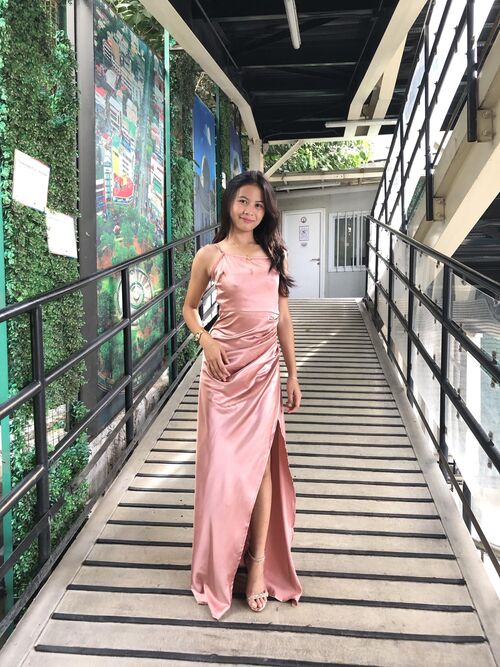 Pink Spaghetti Satin with Back Ribbon Bridesmaids Gown