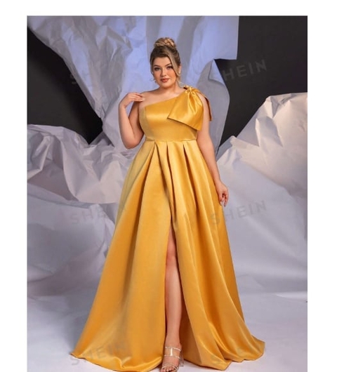 Plus Size Yellow Gold Satin Flowy Long Dress