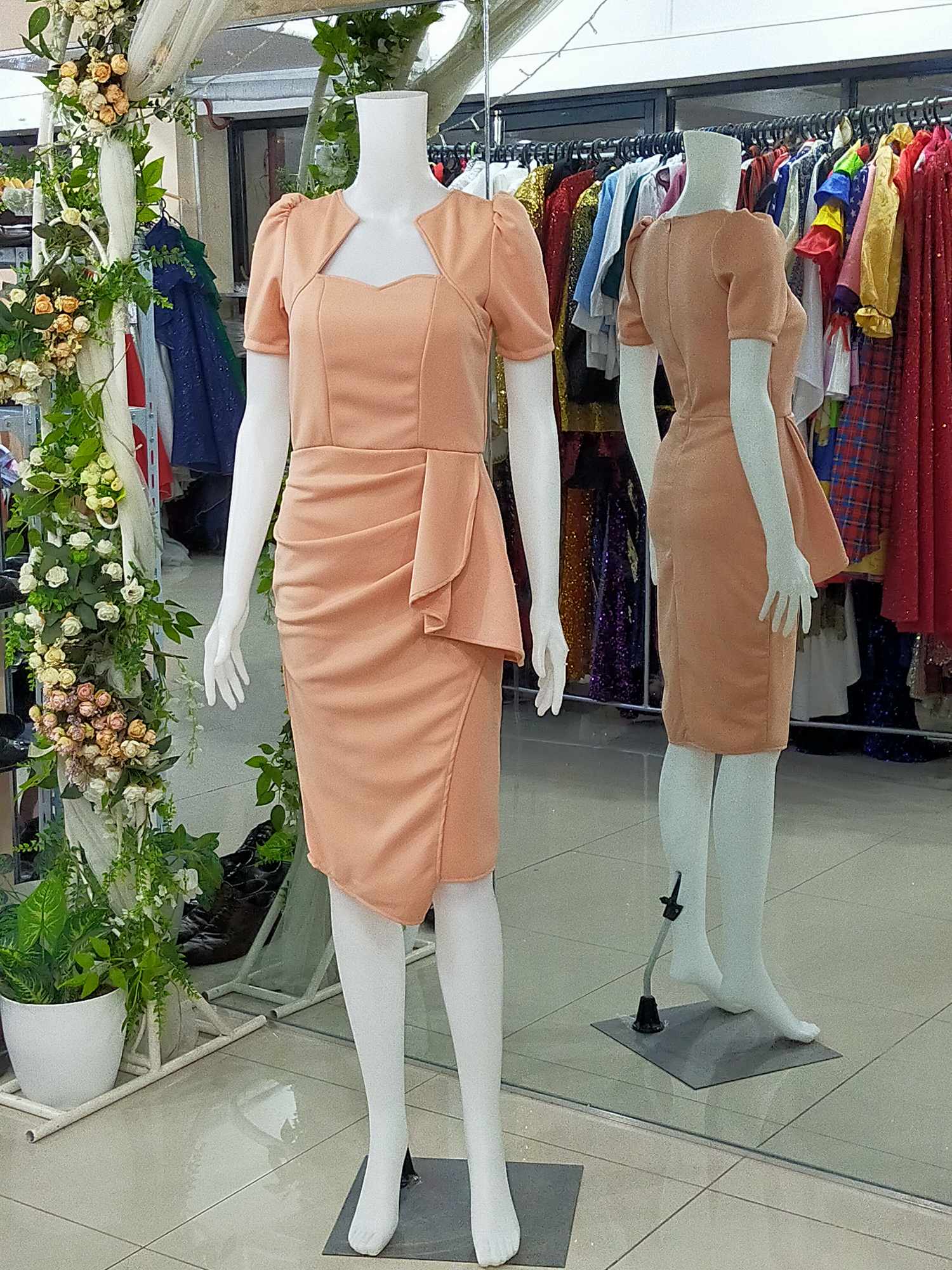 Peach Overlap Puff Sleeves Dress