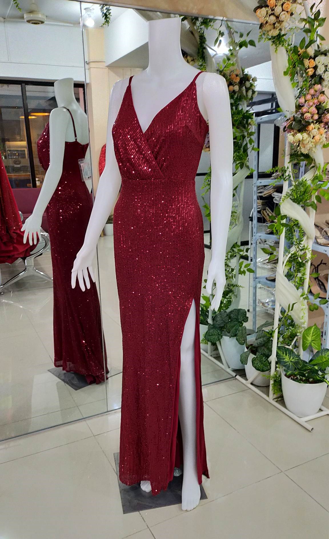 Wine Red Full Sequins Glittery Spag Slit Long Gown