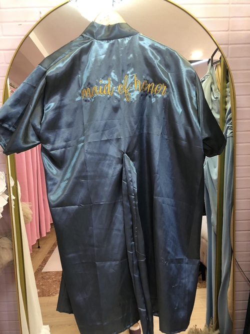 Dusty Blue Satin Robe MOH Embroidered