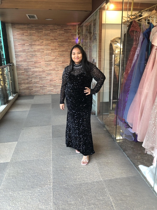 Plus Size Pearl Detail Mock Neck Sequins Mermaid Black Long Gown