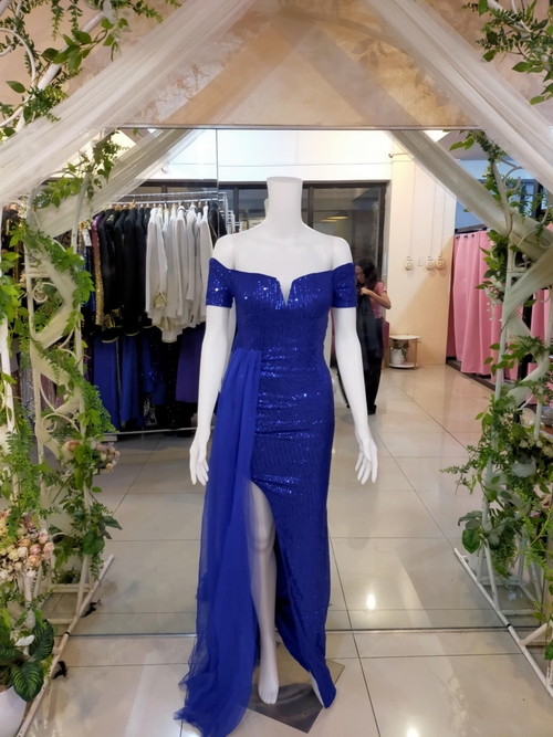 Royal Blue Off Shoulder Draped Side Sequin Gown