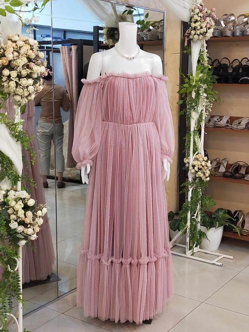 Old Rose Boho Robe Offshoulder Longsleeves Tulle Gown