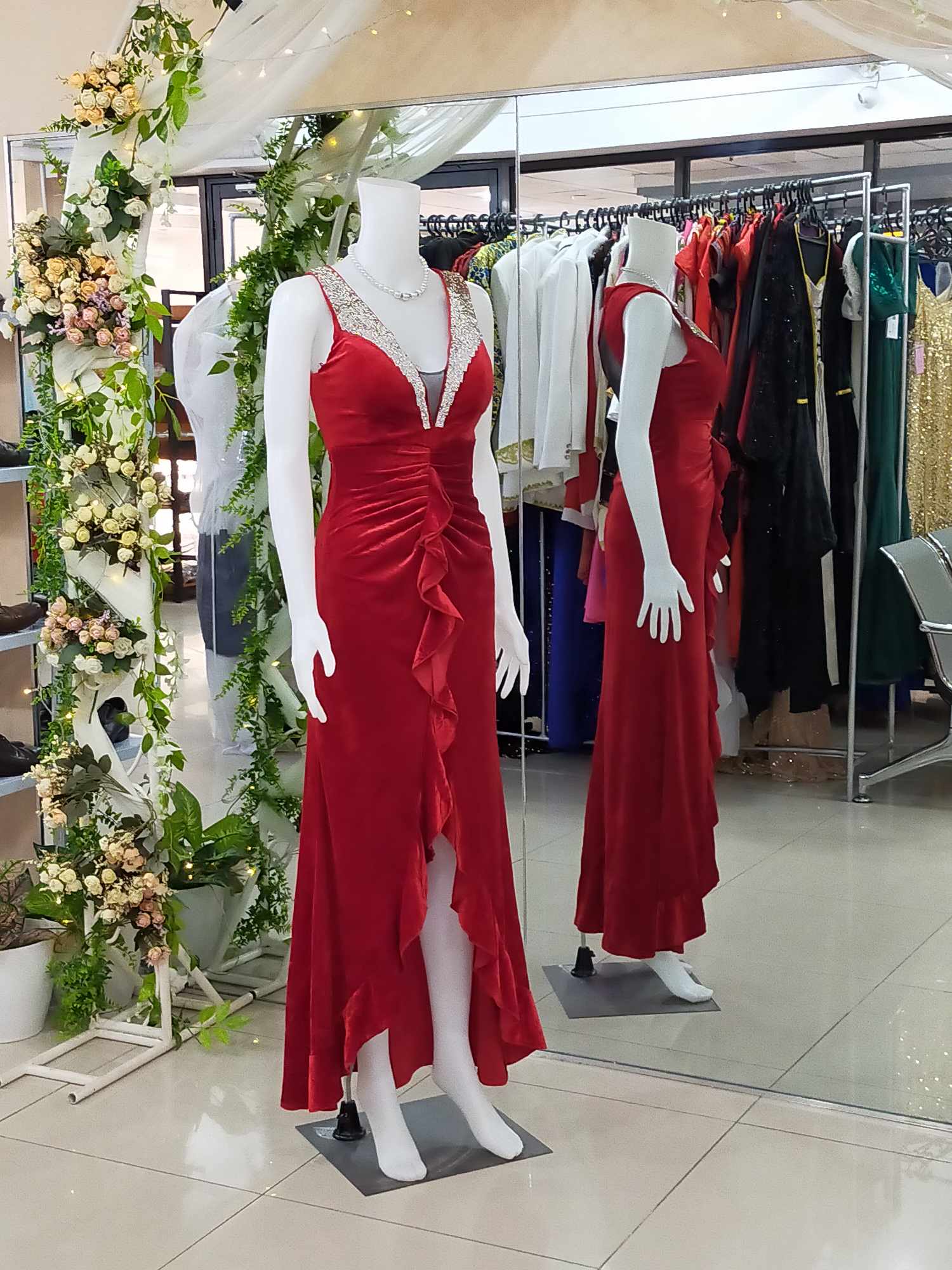 Dark Red Sexy Front Velvet Ruffle Gown