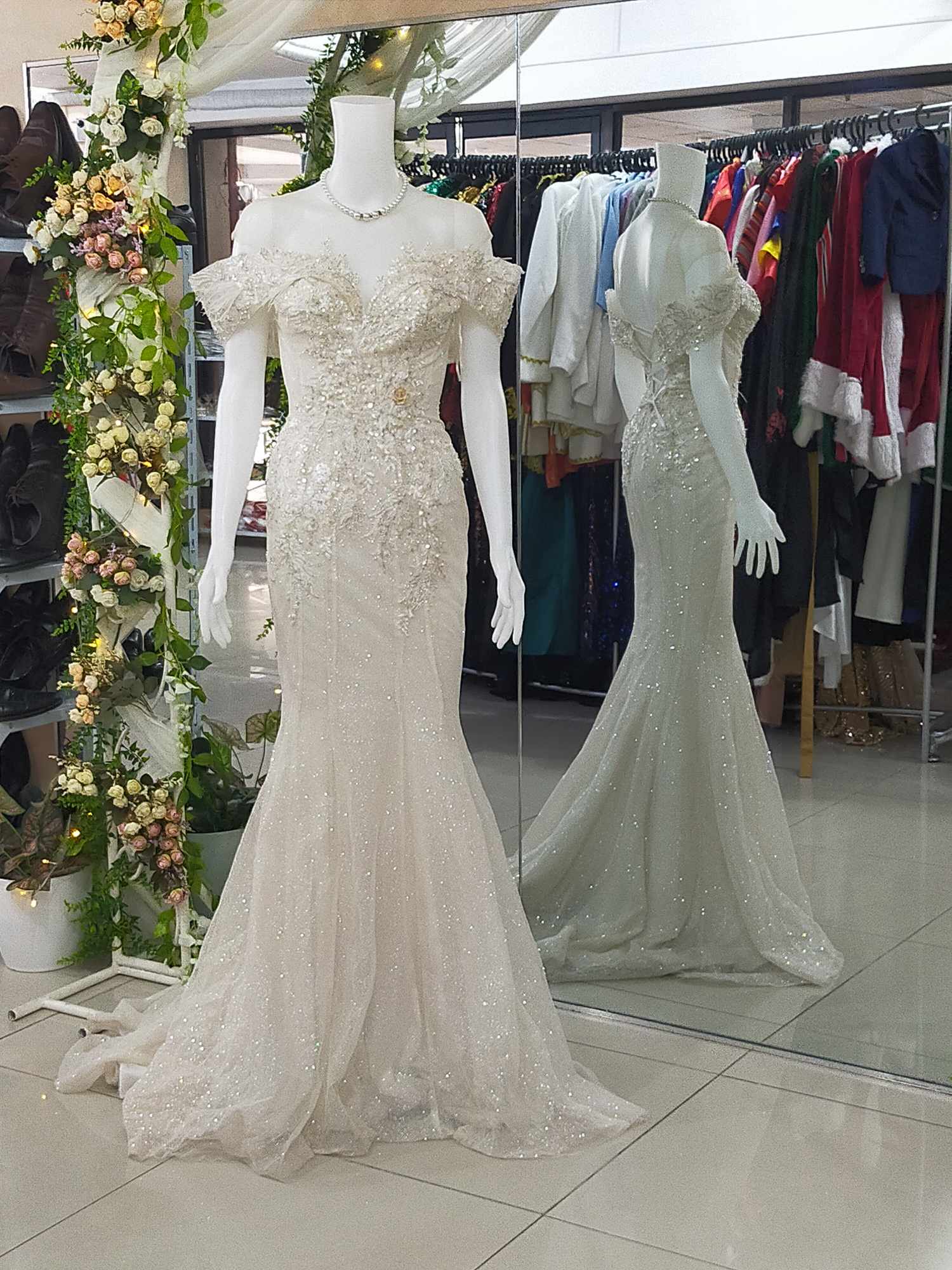 Off White Offshoulder Mesh Mermaid Wedding Gown