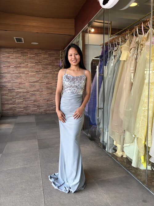 Gray Spag Sexy Back Half Glittery Slit Gown 
