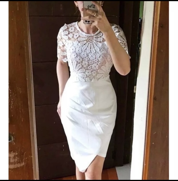 White Lace Neoprene Overlap Cocktail Civil Wedding Dress