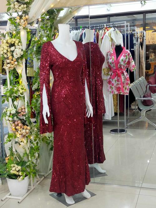 Maroon 3/4 Cut Sleeves Sequins Glittery Gown