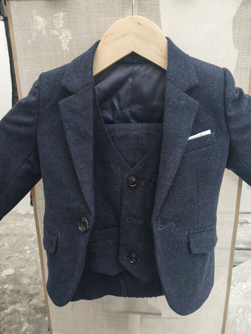 Navy Blue Tweed Three-Piece Kids Suit Set