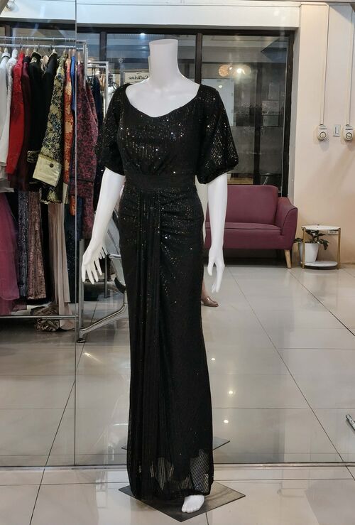 Plus Size Off Shoulder Black Gown Ruched Sequins Long Gown