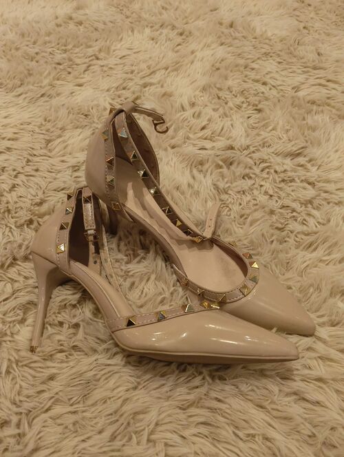 Nude Patent Studded Stiletto Heels with Gold Studs