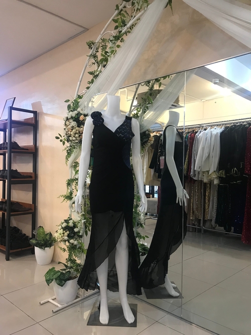 Black Blue Floral Long Cocktail Dress