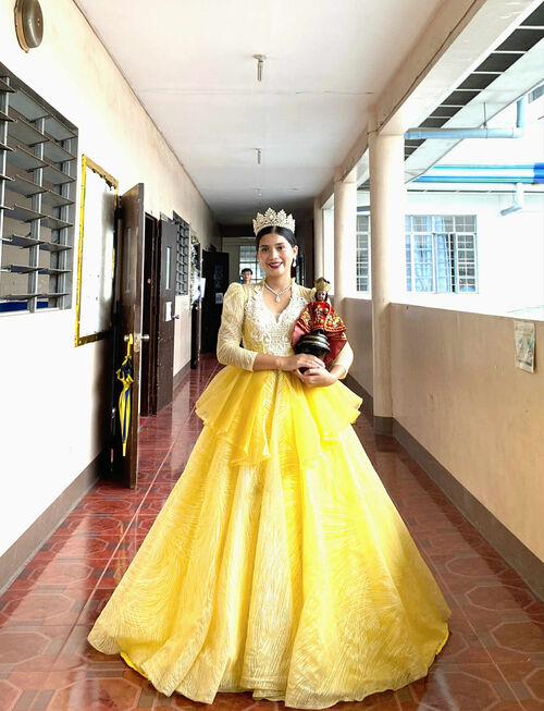 Yellow Flower Detail Longsleeves Ball Gown