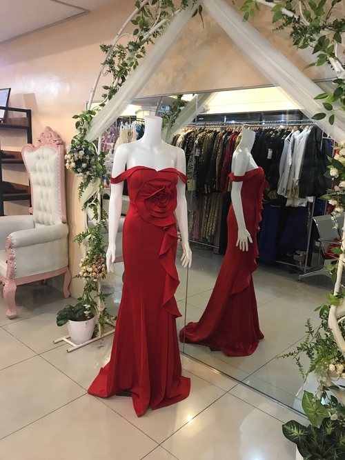Red Front Rose Design Long Gown