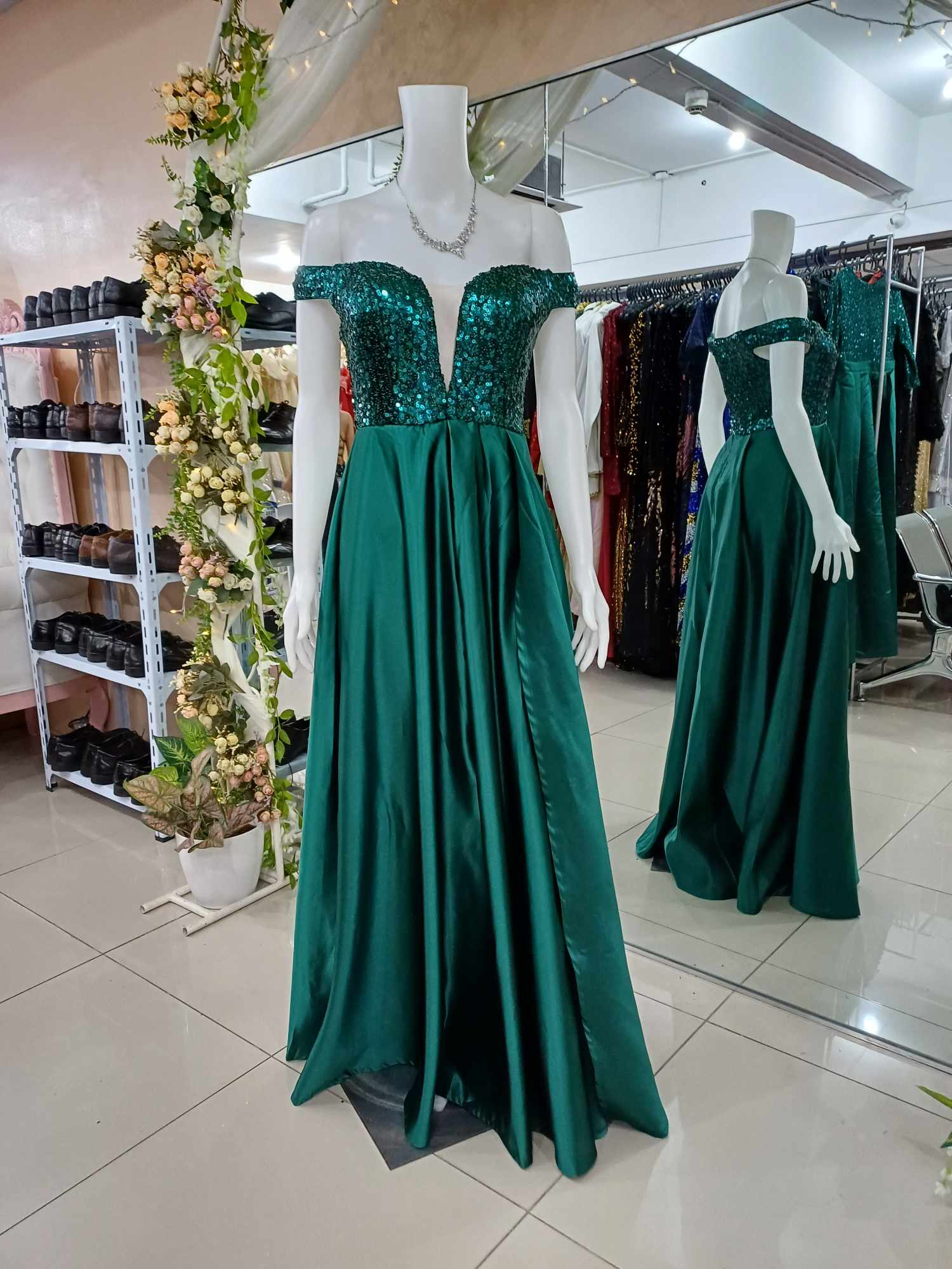 Emerald Green Sequins Glittery OffShoulder Long Gown