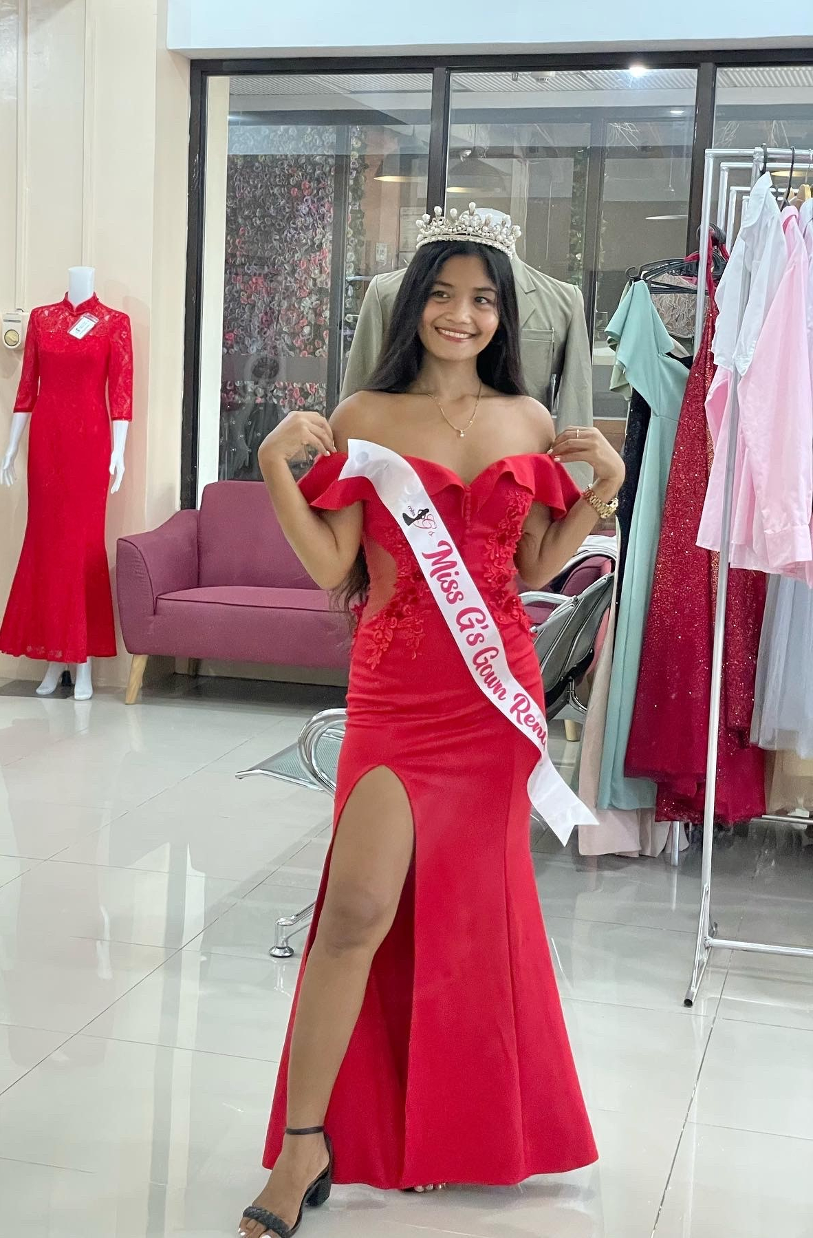 Red Offshoulder Side See-through Slit Gown