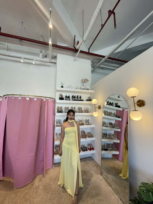 Pastel Yellow Strapless Maxi Dress with Scarf