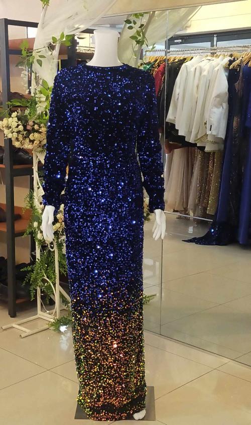 Plus Size Royal Blue Gold Longsleeves Sequins Glittery Gown