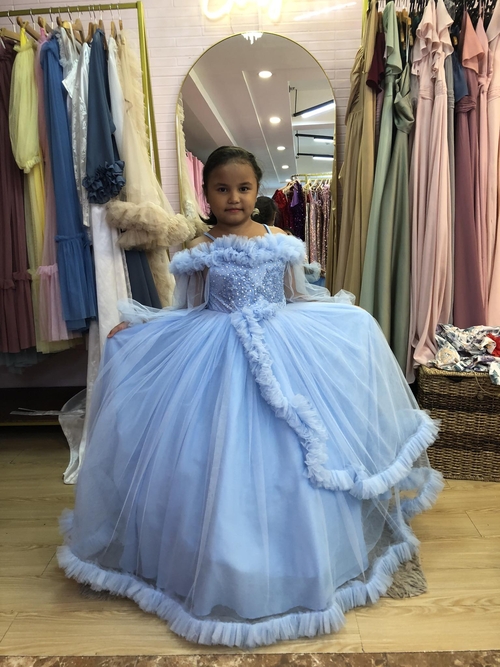 Light Baby Blue Tulle Flower Girl Kids Gown