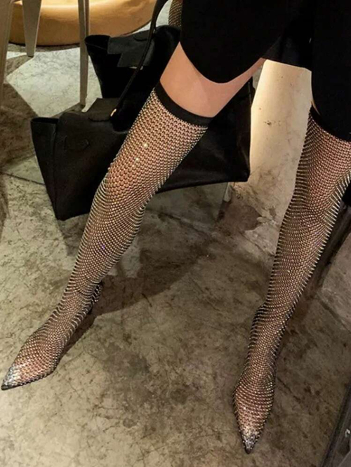 Black Rhinestones See through Boots