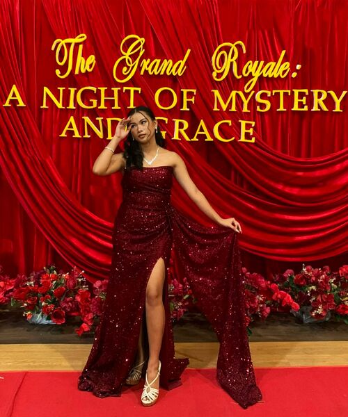 Red Tube Sequins Corset Side Drape Long Gown