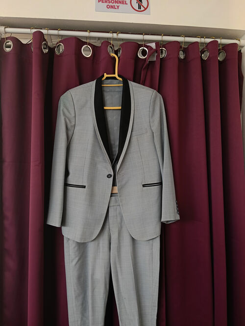 Dior light Gray Three Piece Tuxedo with black shawl lapel