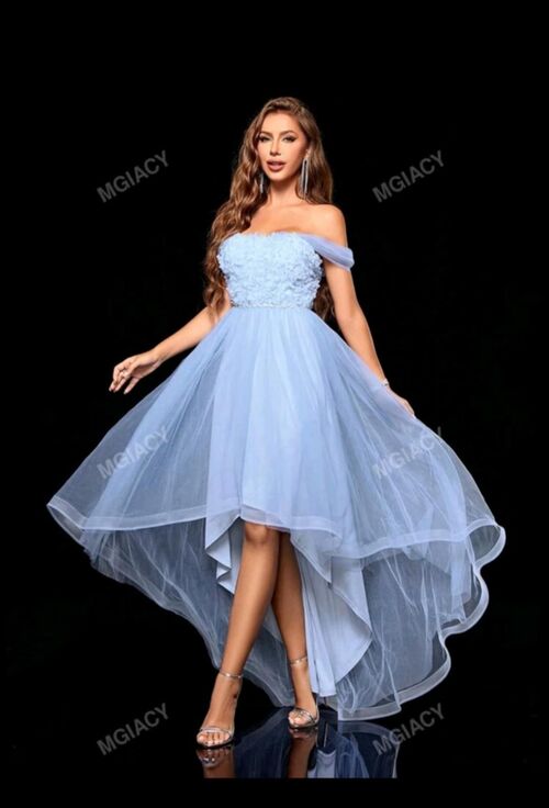 Powder Blue Off Shoulder 3d Embroidery Spliced Double Layer Mesh Bridesmaid Dress