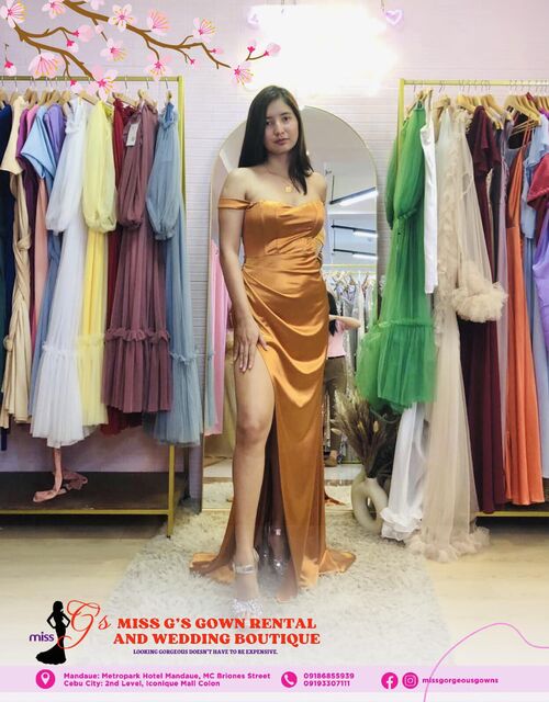 Orange Satin Offshoulder Slit Gown