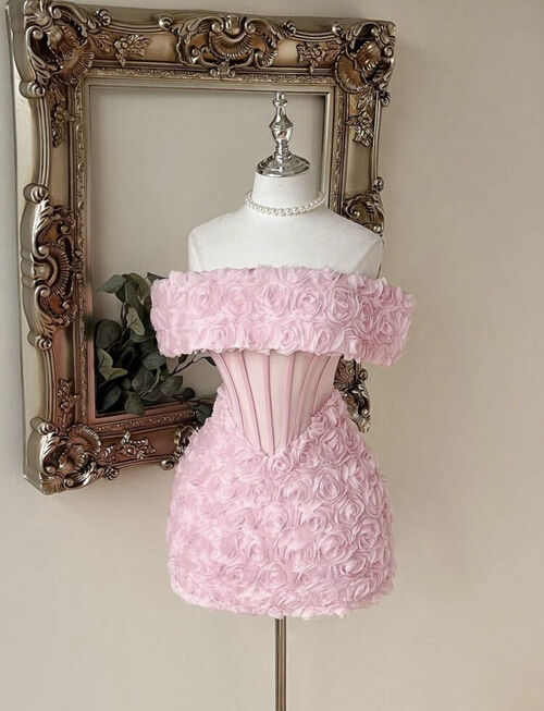 Blush Pink Off Shoulder Corset 3D Petals Cocktail Dress