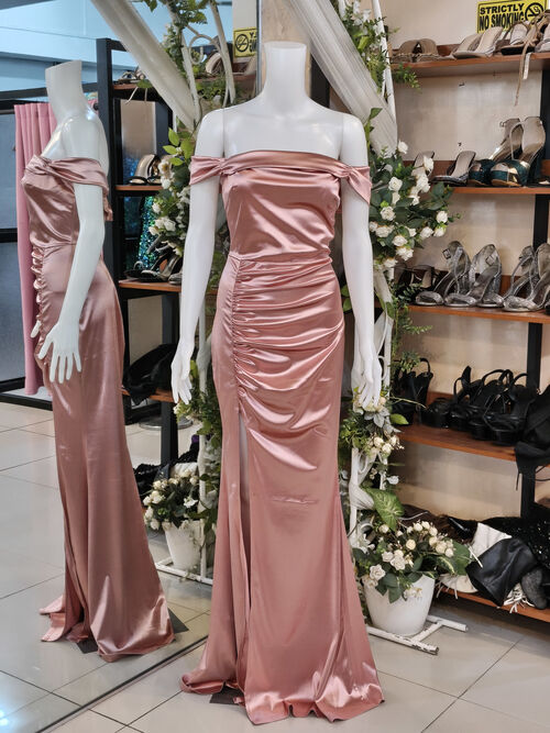 Plus Size Pink Satin Off shoulder Bridesmaid with slit Gown