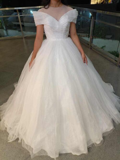 White Off-Shoulder Beads Wedding Gown
