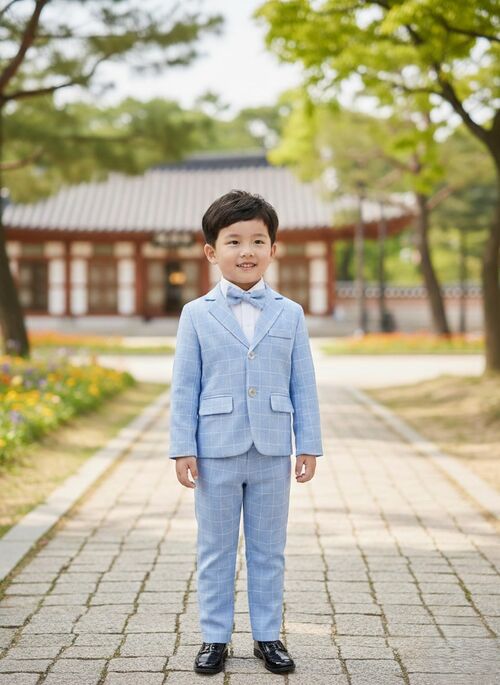 Light Blue Plaid Tuxedo Suit Set Kids