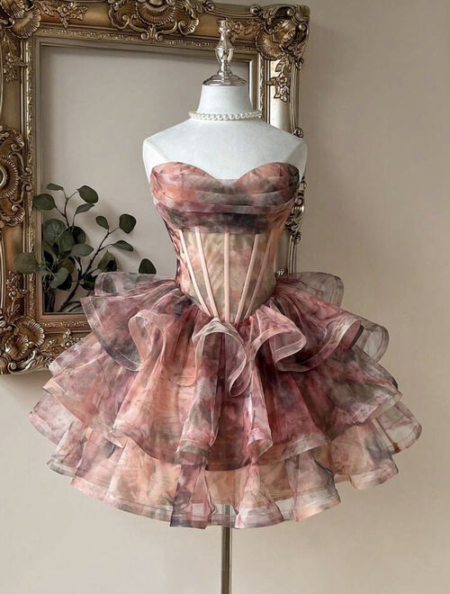 Pink Tube Floral Corset Ruffle Cocktail Dress