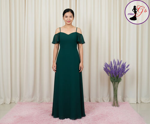 Emerald Green Offshoulder Spag Chiffon Slit Bridesmaid Gown