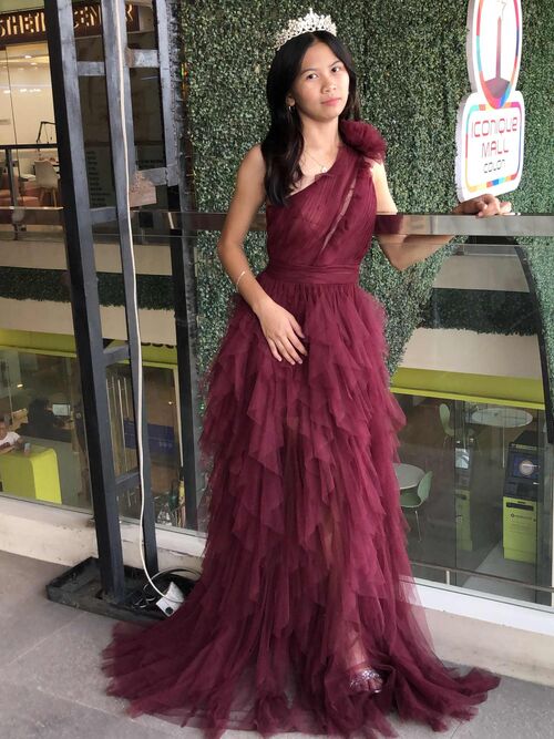 Burgundy Floral Tulle One Shoulder Long Gown 