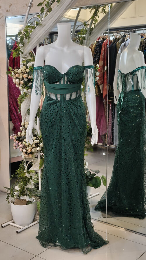 Green Off Shoulder Tassel Corset Beads Gown
