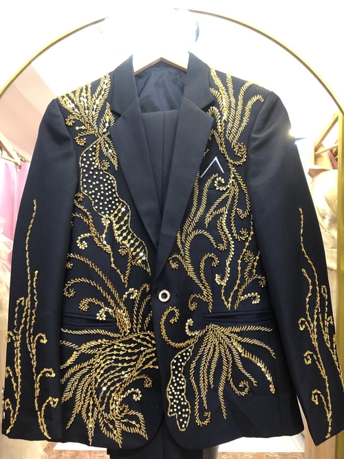 Dark Blue Suit with Gold Veins Sequins & Silver Pockets