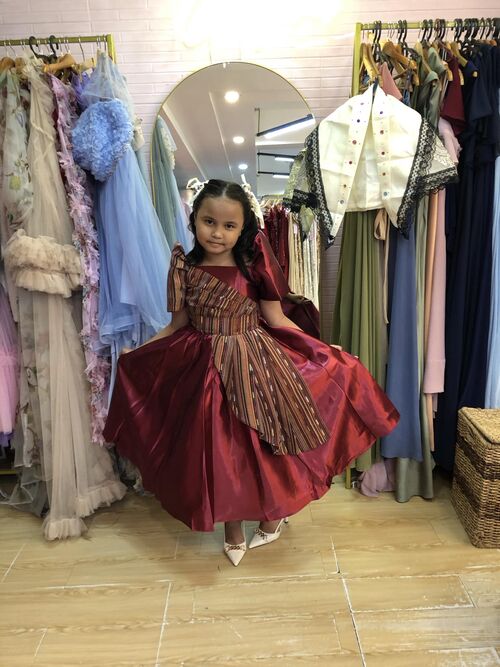 Maroon Modern Filipiniana Mc Ethnic Sided Gown for Kids 