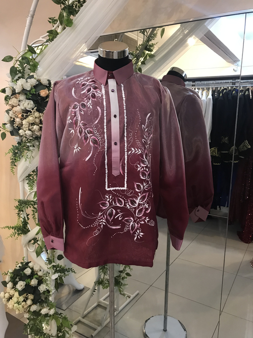 Red Painted Leaves Modern Barong For Men