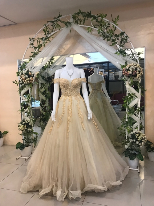Nude Peach Ball Gown w/ Flower & Pearl Details