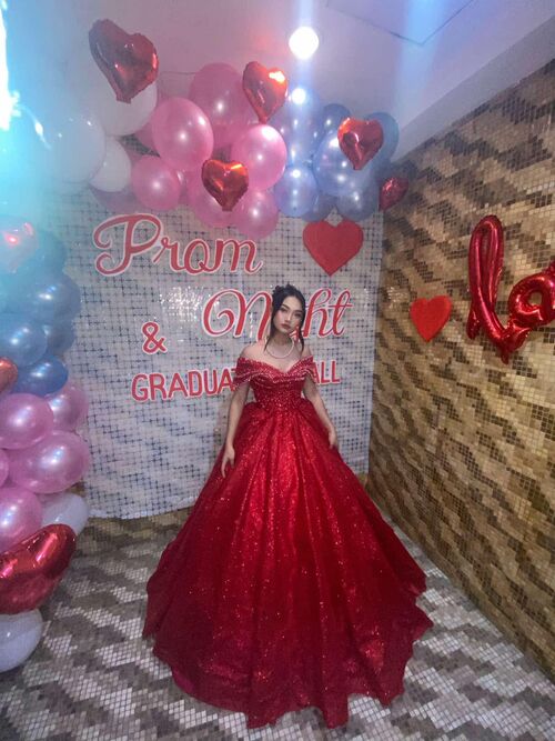 Maroon Off-shoulder Glittery Sequins With Beads and Pearl Ball Gown