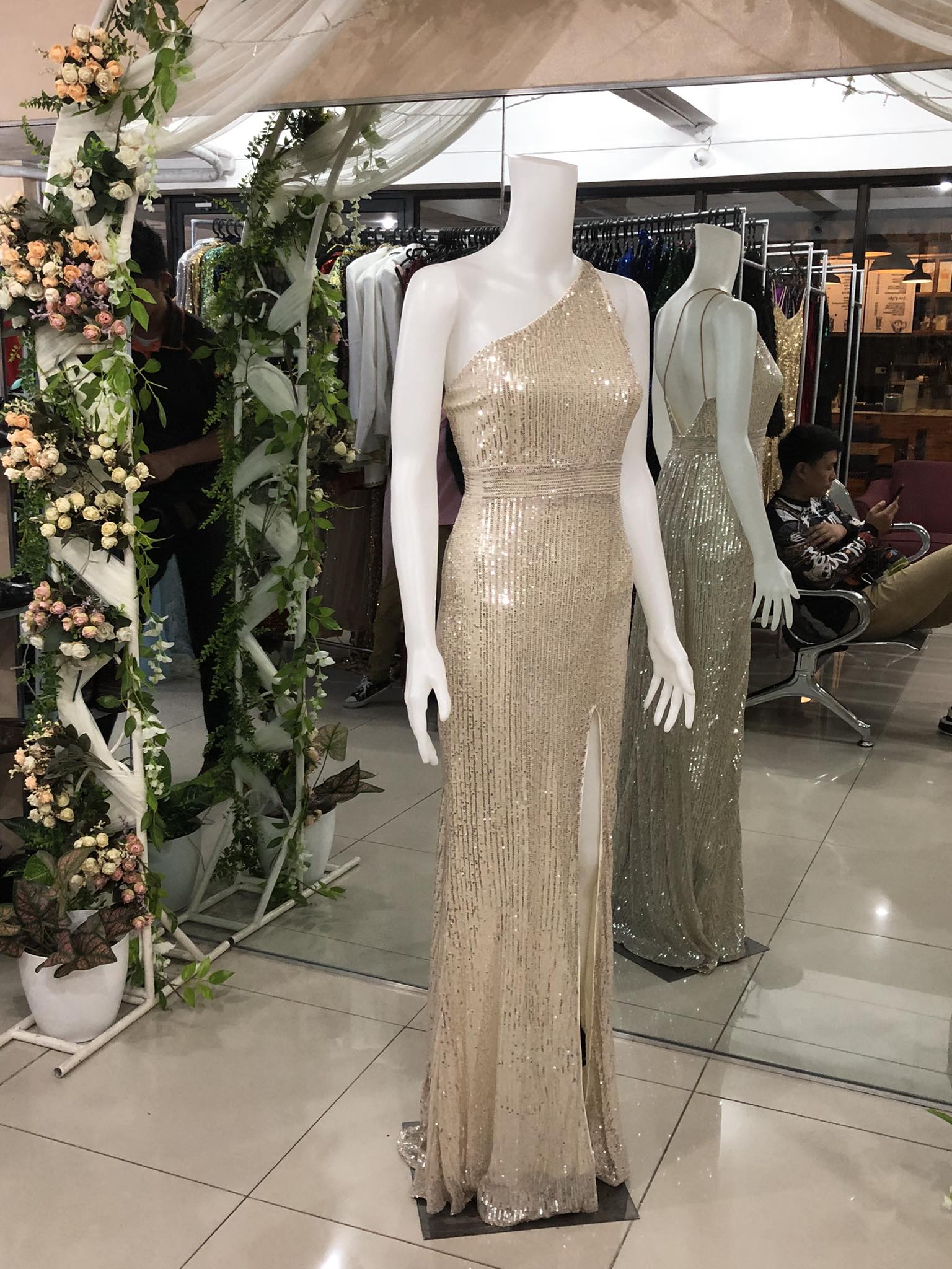Champagne One Shoulder Back Drape Glittery Long Gown