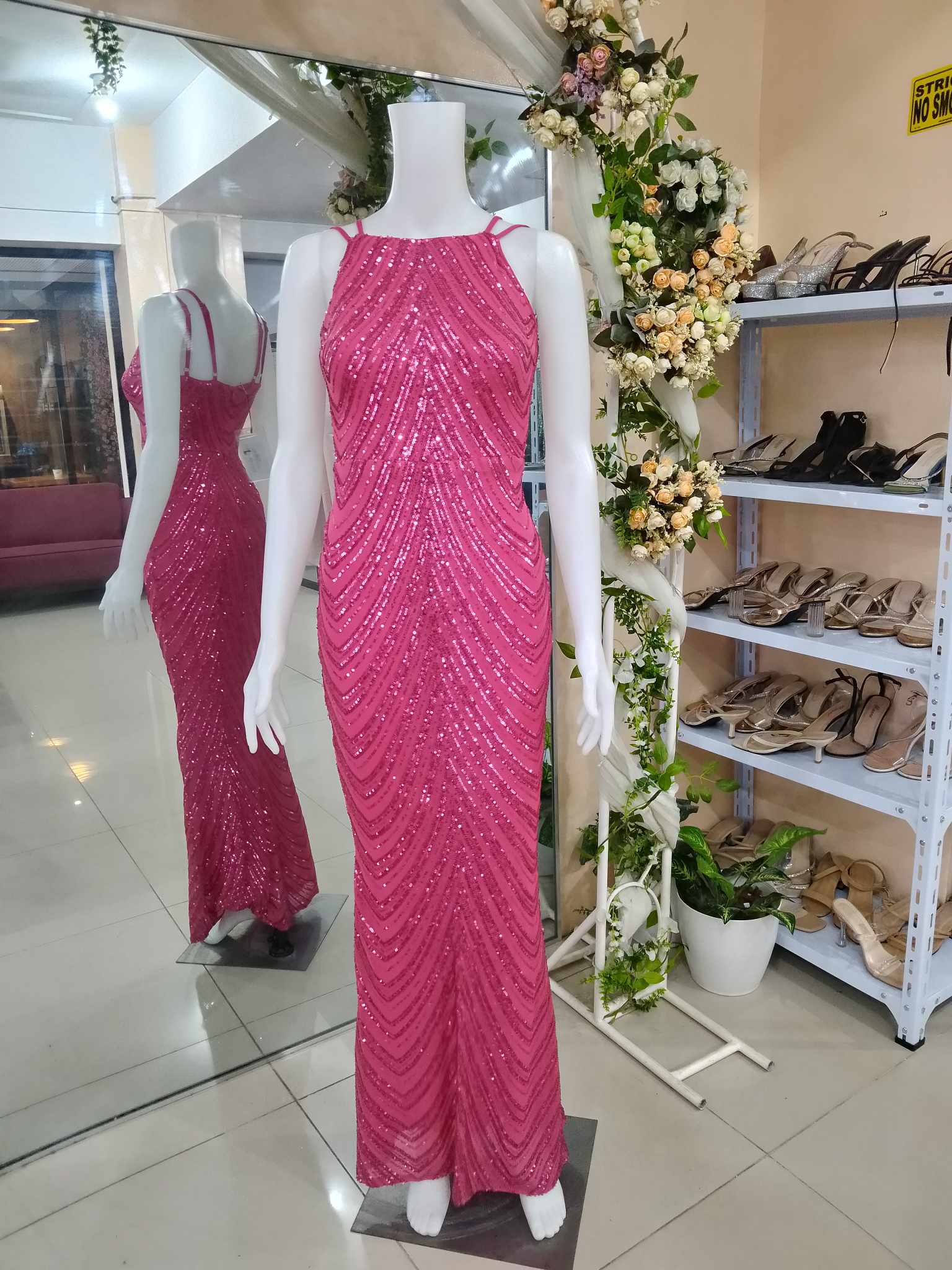 Hot Pink Halter Pink Bodycon Sequins Glittery Gown